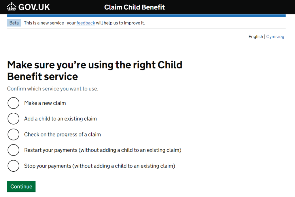 Screen shoot of Child Benefit Application