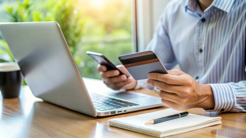 A man at home uses a laptop while holding a credit card, trying to put a credit freeze in place.